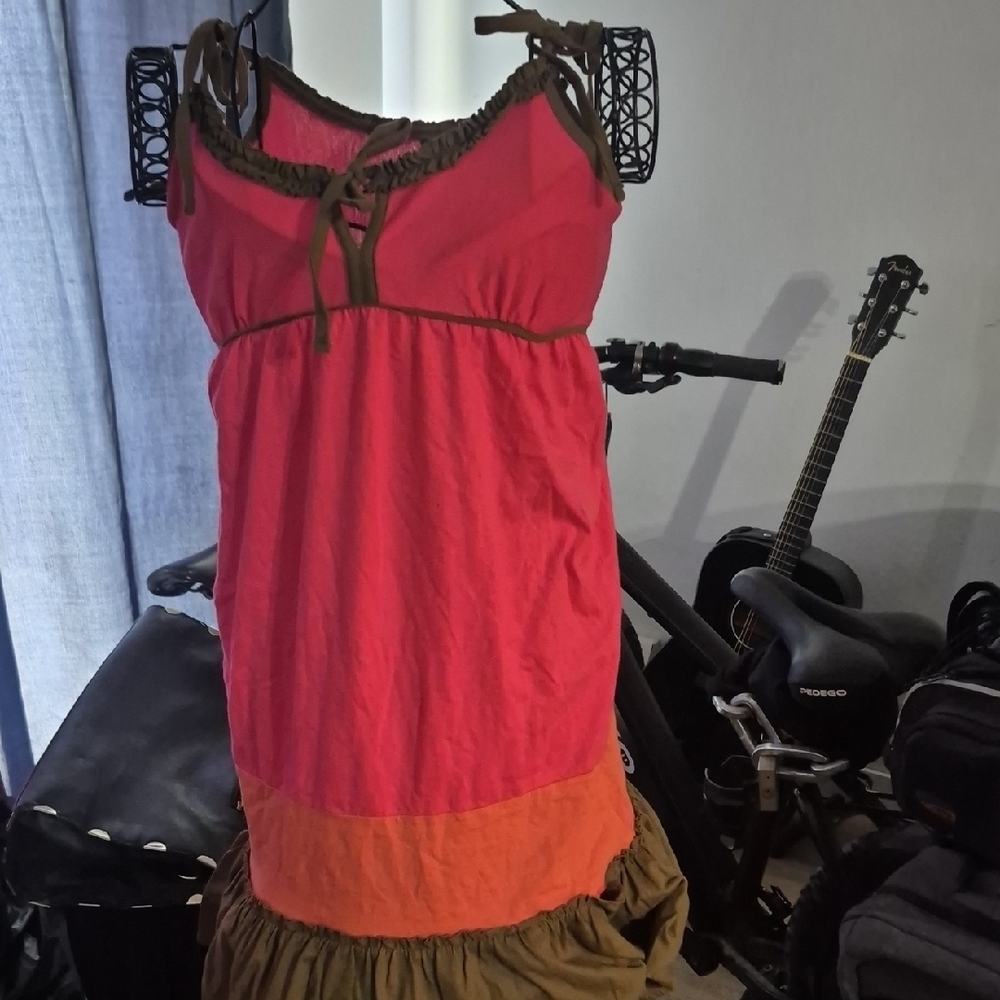 Vero Moda Red and Black Tie Front Tiered Tank Dress